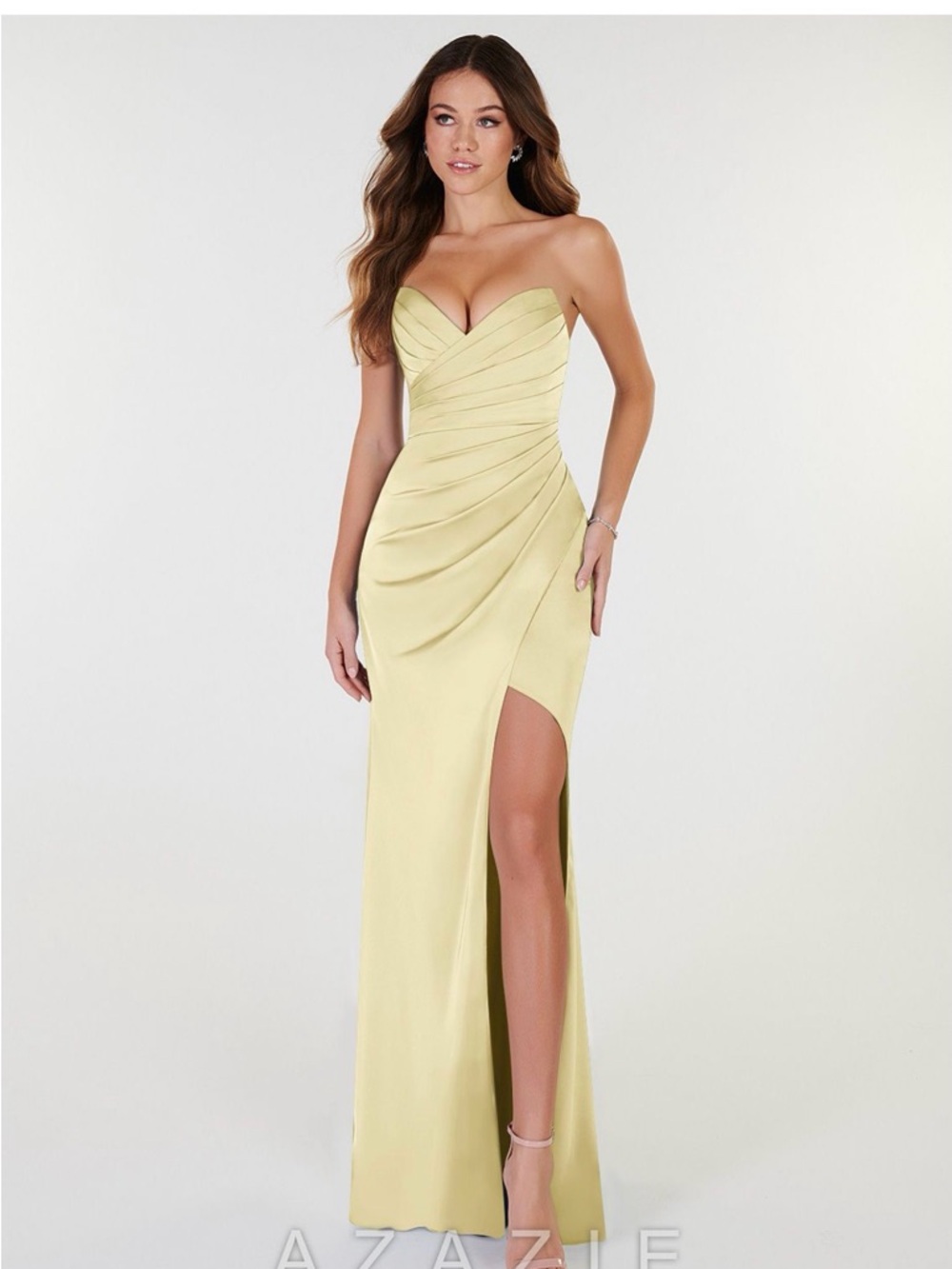 Strapless Lemon Ruched Evening Gown with High Slit